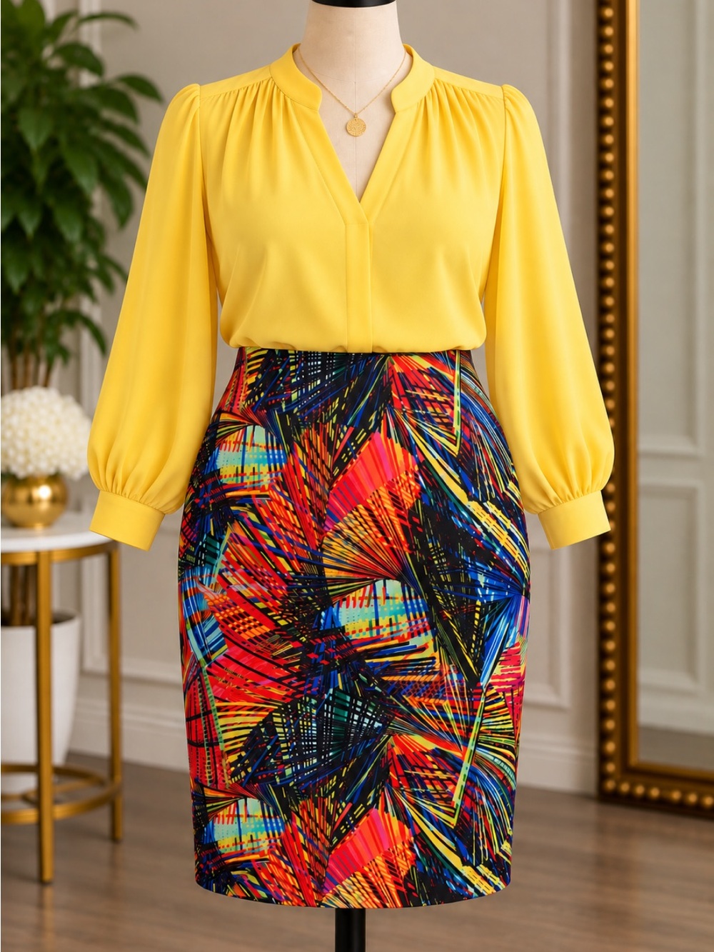 Multicolor Abstract Pencil Skirt - Yellow Accent